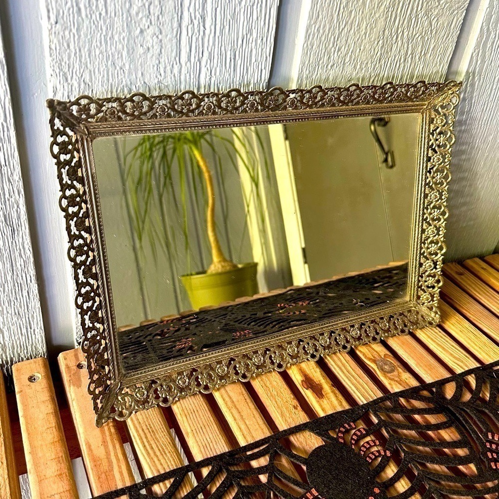 Vintage‎ Glass Vanity Mirror Tray Large Hollywood Regency Brass Mid Century MCM